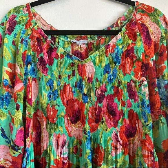 Floral & Ivy Vibrant Floral Lightweight Stretchy Ruffled 3/4 Sleeve Blouse Sz L - Picture 2 of 8